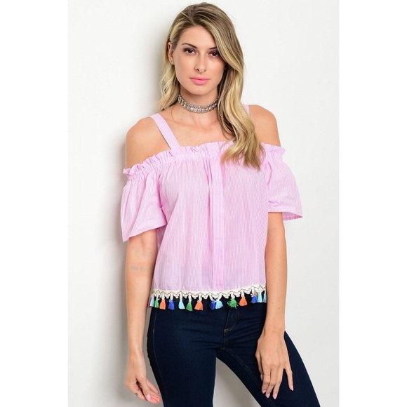 Pink White Off Shoulder Top - Picture 2 of 10